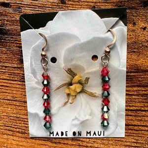 795. Gold Filled Siam & Emerald Swarovski Crystal Bar earrings